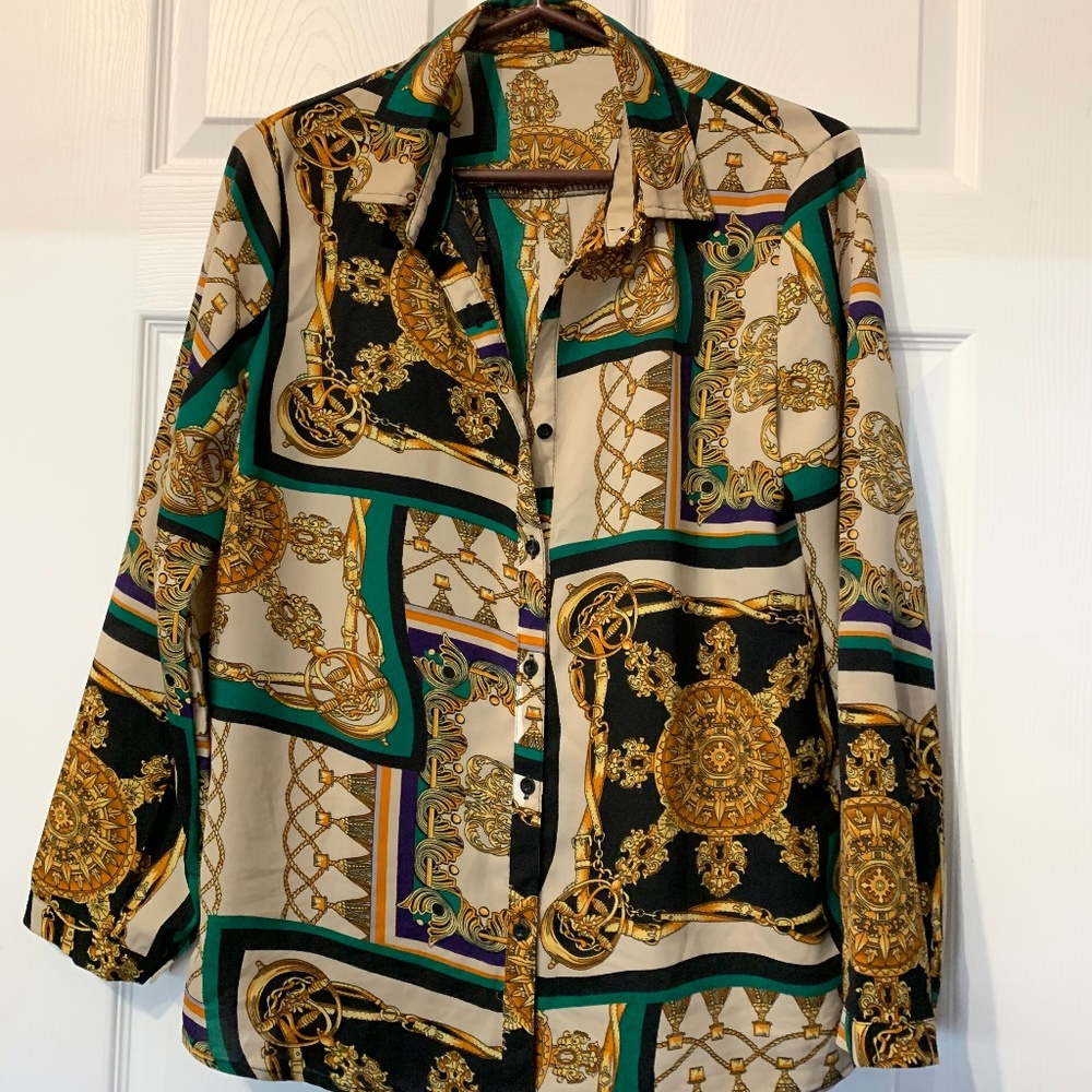 Woman Button Down Shirt Green & Gold, Size M/L
